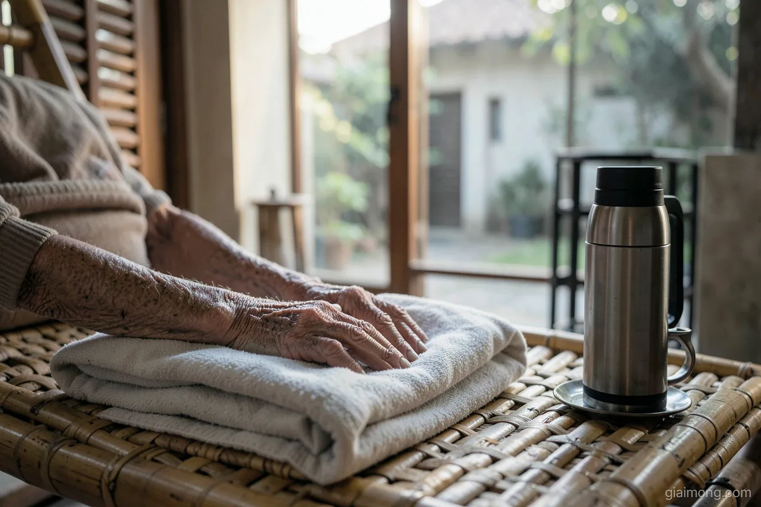 Elderly hands resting on a folded blanket on a bamboo daybed at early dawn, a thermos and teacup beside, pale light through wooden shutters, quiet courtyard beyond