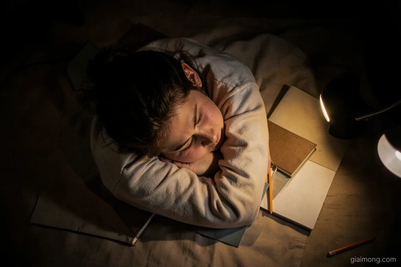 Top-down view of a student asleep with head on folded arms beside closed notebooks and a desk lamp, a single pencil rolling, warm pool of light, dark room