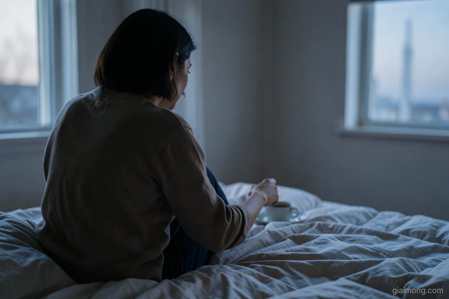 A person sitting on the edge of an unmade bed at dawn seen from behind, shoulders slightly hunched, a hand resting on a cup of tea, soft grey-blue window light