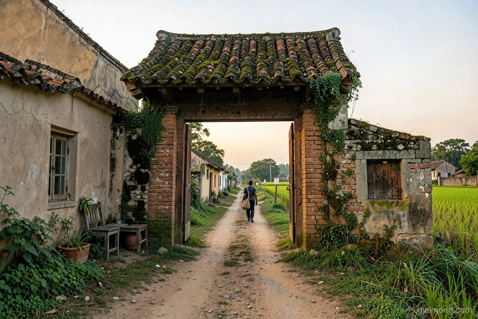 Old moss-covered village gate of brick and tile at dawn, a dirt road passing through toward rice fields, a figure with a bag walking in from far away