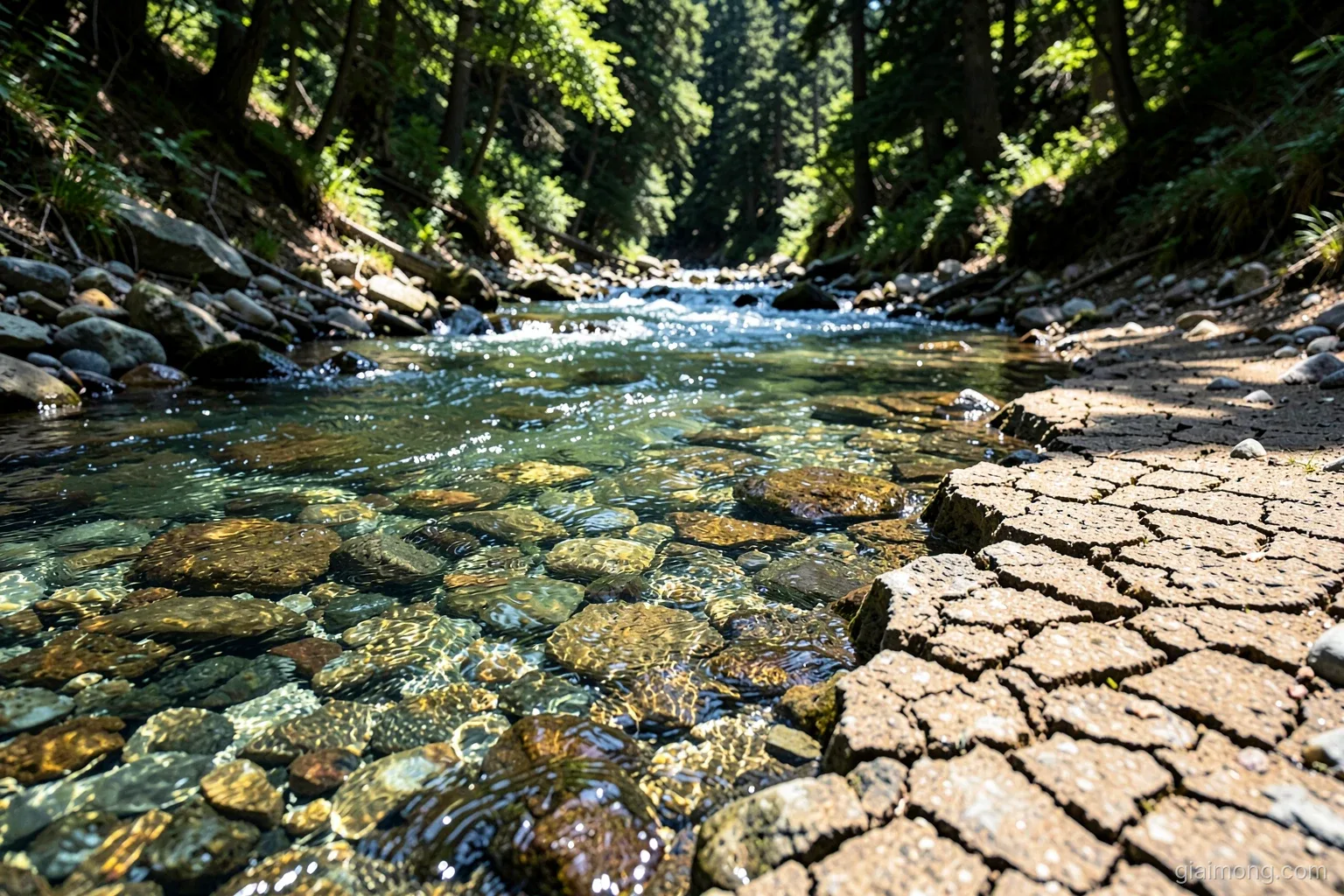 Shallow crystal-clear mountain stream flowing over smooth pebbles beside a dry cracked section of the same streambed, dappled forest light, low angle