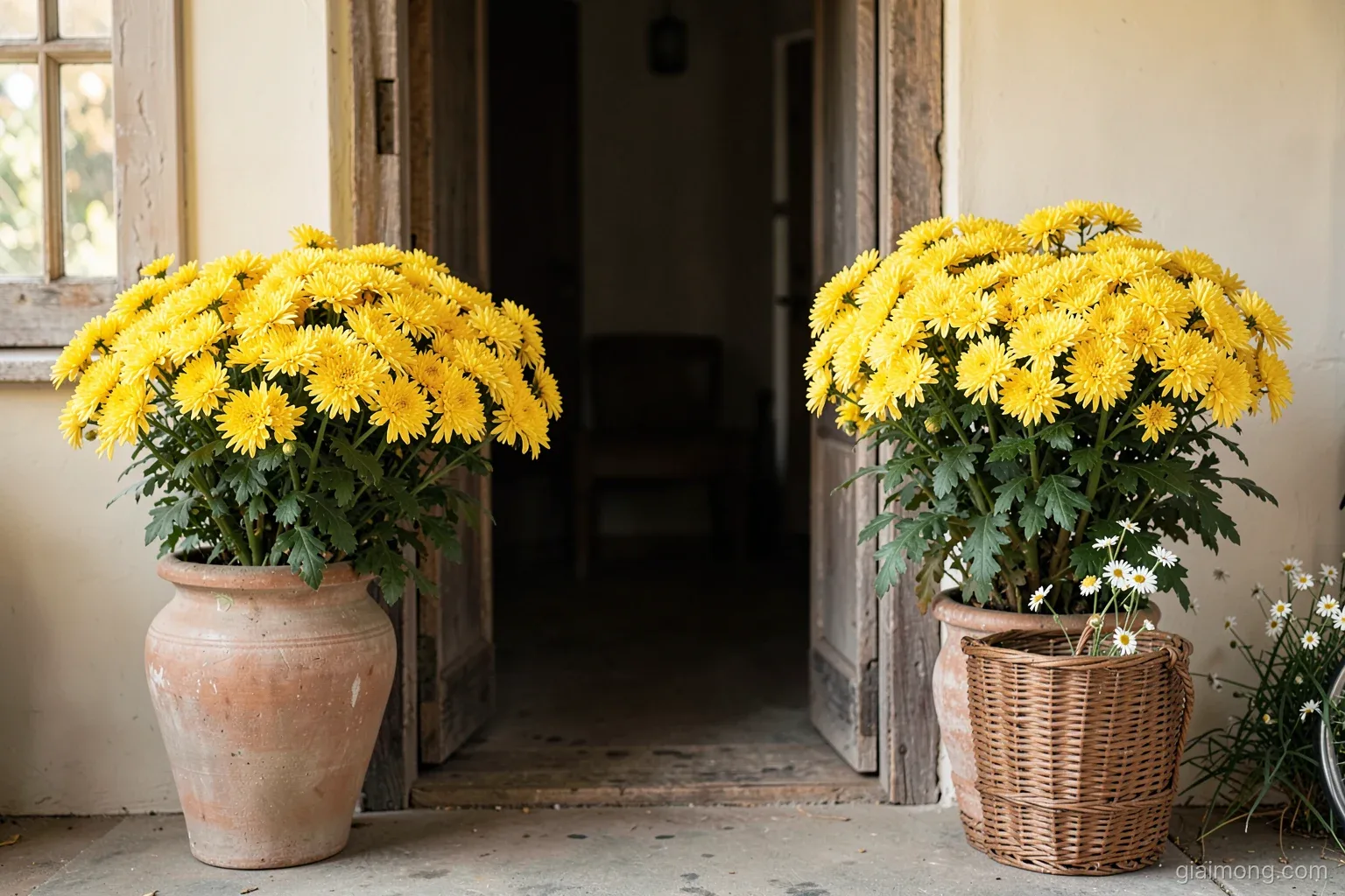 Two large ceramic pots of golden chrysanthemums flanking a weathered wooden doorway in soft morning light, a bicycle basket of white daisies nearby