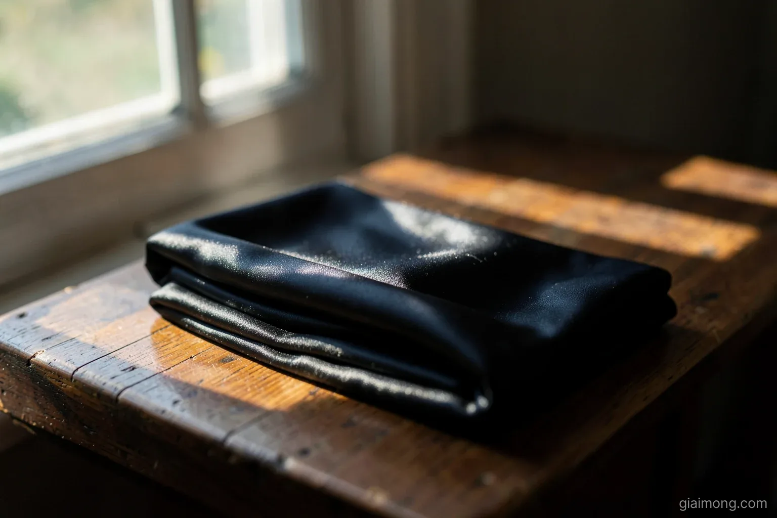 Folded bolt of glossy black silk on a low wooden table beside a window, a single shaft of late afternoon light sliding across the sheen, quiet shadows