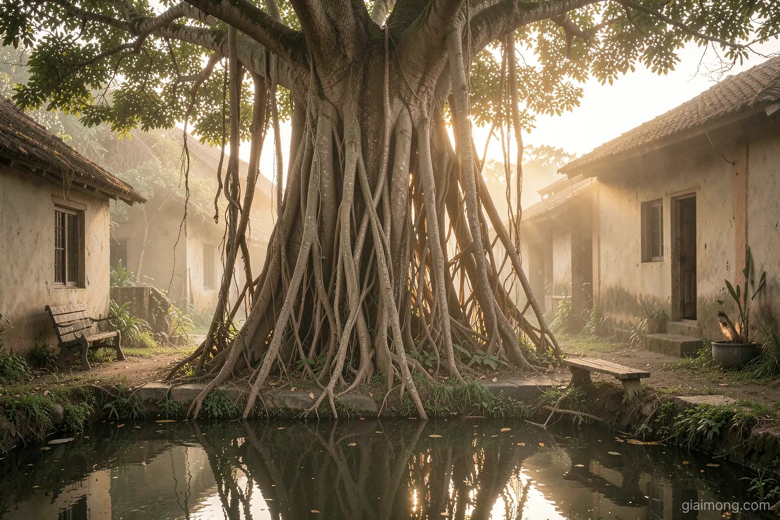 Enormous aerial roots of an ancient tree forming curtains at the edge of a village pond at dawn, a small child-free bench, soft golden mist