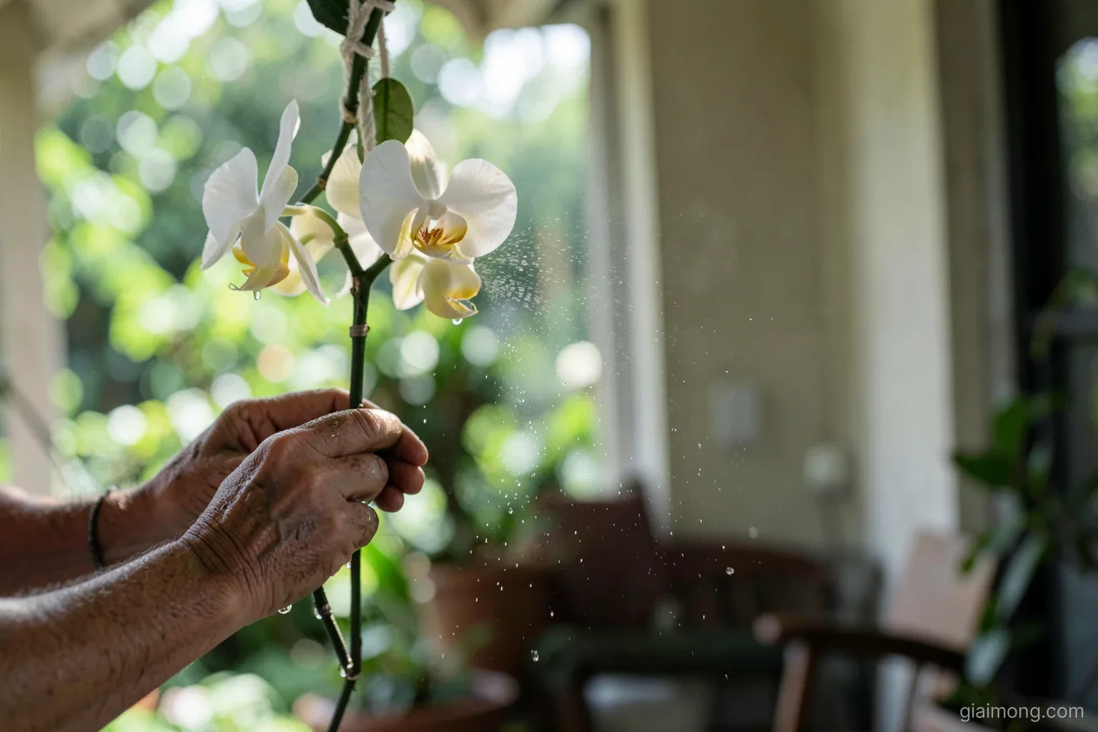 Close-up of weathered hands misting a hanging orchid with pale blooms on a shaded veranda, droplets catching soft side light, blurred green garden behind