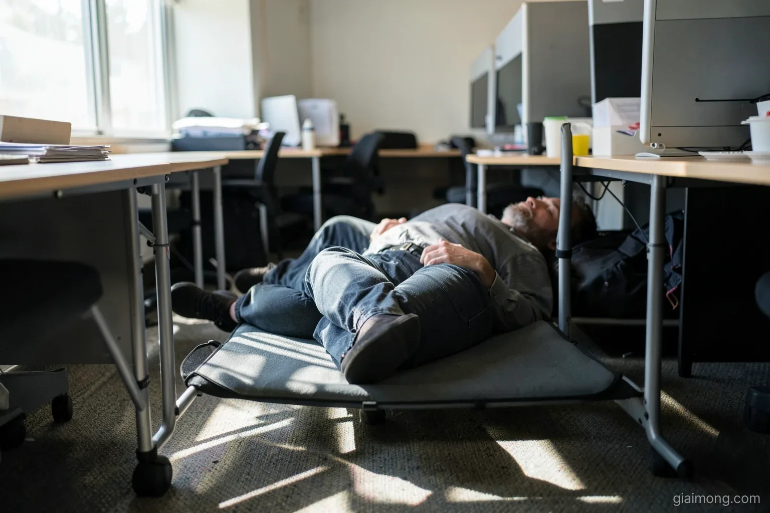 Office worker napping on a folding cot between desks during a quiet lunch break, seen from the feet end, blinds half drawn, slatted noon light on the floor